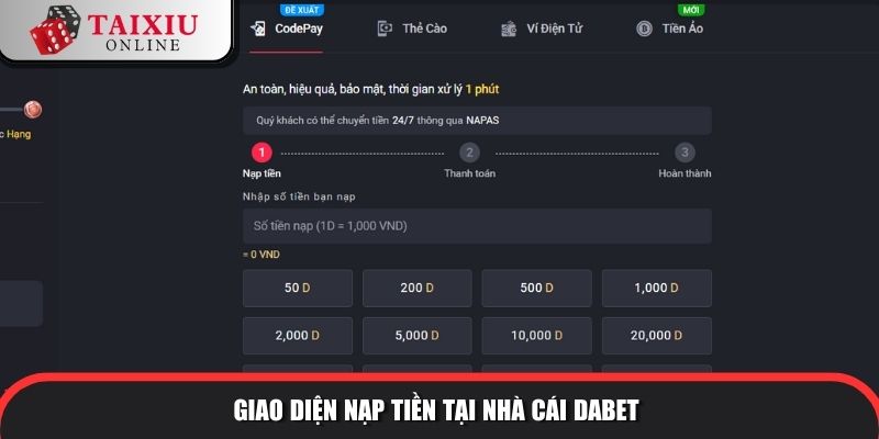 Giao diện nạp tiền tại nhà cái DABET